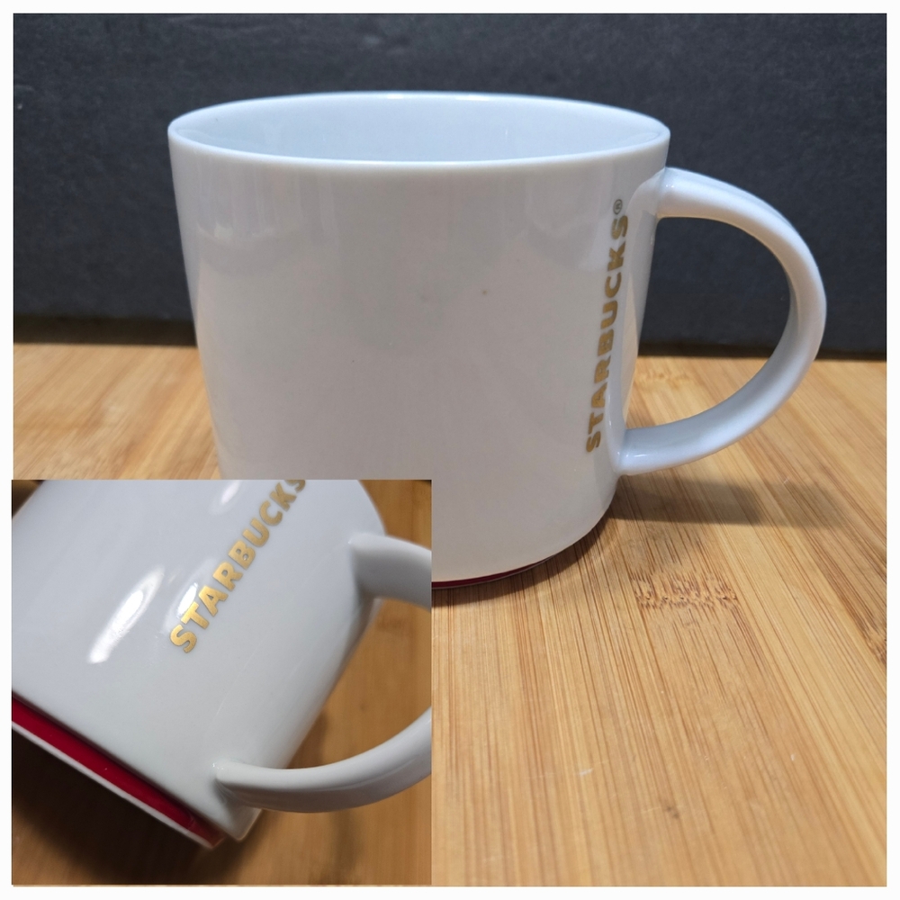 STARBUCKS Gold Vertical Logo Mug in White w/ Red Base 2012